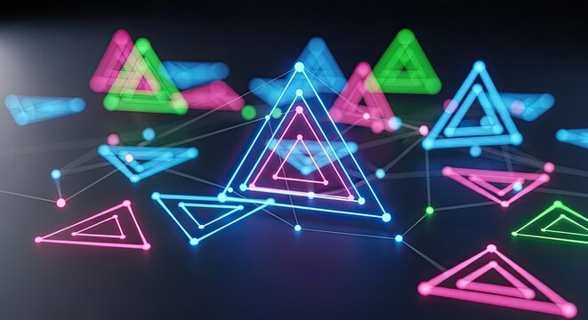 Abstract glowing triangles network with vibrant neon colors for modern technology and futuristic concepts, perfect for innovative design and cutting edge solutions
