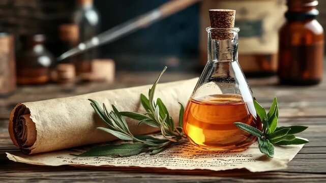 Aromatic oil in a flask with herbs and old scroll on a rustic wooden table.