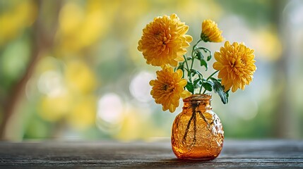 Vibrant orange chrysanthemum flowers in amber glass vase on wooden surface with soft bokeh background. Perfect for seasonal decor or greeting cards.