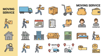 Comprehensive collection of modern vector line icons representing moving and relocation services, logistics, packing, and home delivery processes, ideal for business and lifestyle applications