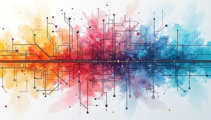 Abstract network map shows interconnected lines and nodes. Colorful digital art depicts complex urban transit system with vibrant splashes. Modern graphic design illustrates data flow or city routes.