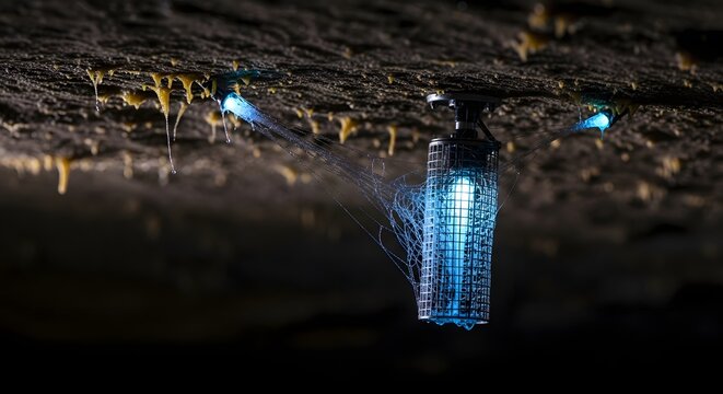 Micro-robot exploring cave ceiling with blue light - Powered by Adobe