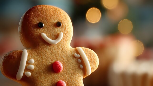 Freshly baked gingerbread man cookie with smiling face and decorative details against blurred festive holiday background. - Powered by Adobe