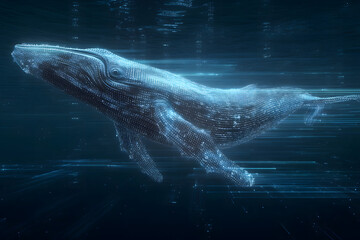 Giant Humpback Whale Wireframe Data Visualization in Blue Futuristic Cyber Space