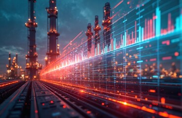 Futuristic industrial refinery with glowing infrastructure at night. Digital holographic data charts, graphs, lines overlay scene. Shows tech processing for global energy management, market analysis.