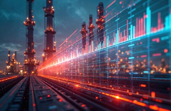 Futuristic industrial refinery with glowing infrastructure at night. Digital holographic data charts, graphs, lines overlay scene. Shows tech processing for global energy management, market analysis.