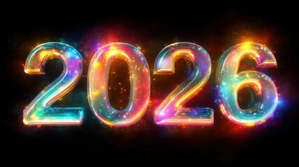 Colorful 2026 Glowing Number Design with Sparkles and Shimmering Lights for Celebrations and Events in a Black Background