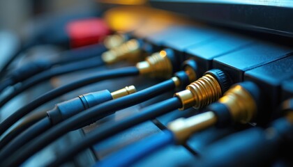 Close-up shows many audio video cables plugged into dark tech device. Gold connectors link different systems. Network transfers digital data, signal, ensuring stable connection, reliable