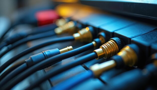 Close-up shows many audio video cables plugged into dark tech device. Gold connectors link different systems. Network transfers digital data, signal, ensuring stable connection, reliable