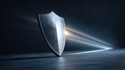 Metallic shield standing alone in a dramatic lighting setup with beams of light shining through a dark, moody background, symbolizing protection and security
