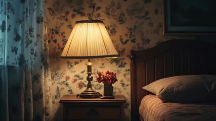 Moonlit bedroom with floral wallpaper and lamp, inviting cozy sleep.