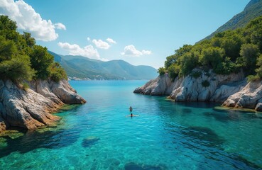 Aerial view shows beautiful turquoise bay with clear water. People swim in calm sea. Rocky cliffs with green trees surround cove. Distant mountains under blue sky complete summer landscape.