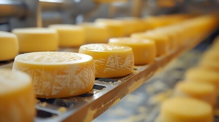 Rows of artisanal cheese wheels aging on wooden shelves in traditional dairy production facility, showcasing handcrafted food manufacturing process.