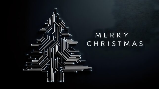 Circuit board Christmas tree with Merry Christmas text on dark background, modern tech holiday greeting card design.