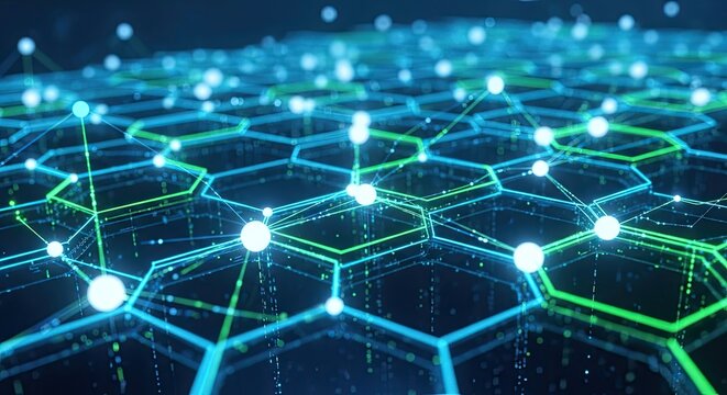 Stunning abstract network with glowing nodes and vibrant geometric patterns for a modern tech feel, perfect for digital innovation and cutting-edge technology projects
