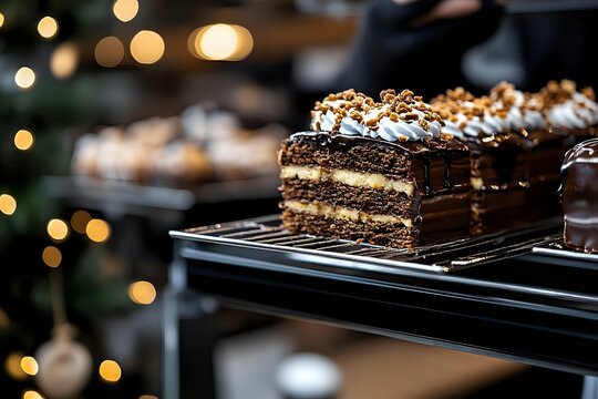 Decadent chocolate layer cake with caramelized topping on display in bakery with festive bokeh lights in background.