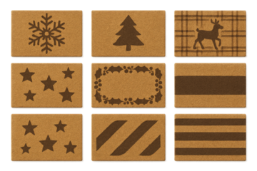 Holiday-themed coasters featuring winter designs like snowflakes, trees, and plaid patterns for festive gatherings