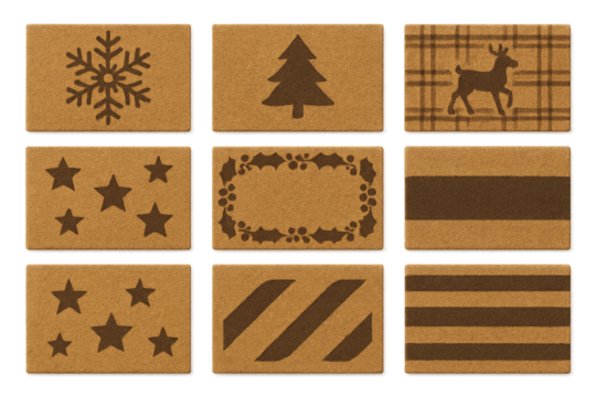 Holiday-themed coasters featuring winter designs like snowflakes, trees, and plaid patterns for festive gatherings