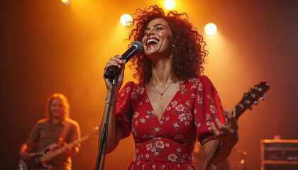 Joyful woman with curly hair sings live on stage, holding microphone. Wears vibrant red floral dress, smiling, performing passionately under bright orange spotlights. Guitarist plays music in