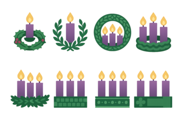 Decorative candles for a festive celebration featuring various styles and arrangements of purple candles