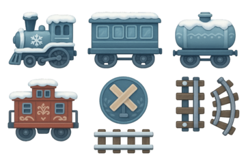 Colorful winter train set with snow-covered cars and tracks in playful design