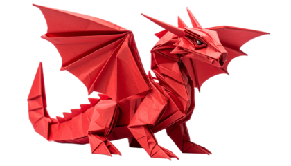 Red Origami Dragon Cut Out, Intricate Paper Folded Model with Wings, Isolated Studio Shot Symbolizing Mythology, Creativity, and Asian Culture