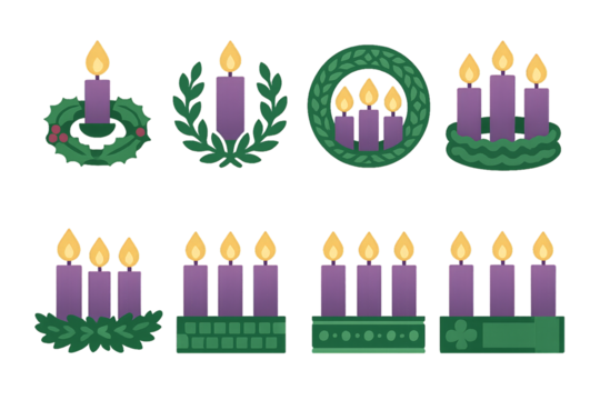 Decorative candles for a festive celebration featuring various styles and arrangements of purple candles