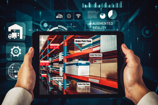 Smart warehouse management system using augmented reality technology to identify package picking and delivery . Future concept of supply chain and logistic business .