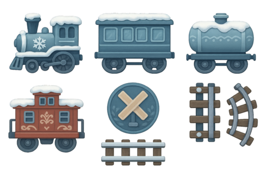 Colorful winter train set with snow-covered cars and tracks in playful design