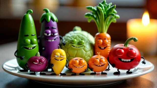 Funny cartoon vegetable characters with happy faces dancing on white plate. Cute animated cucumber, tomato, eggplant, carrot and cabbage with googly eyes in playful healthy eating concept for kids edu