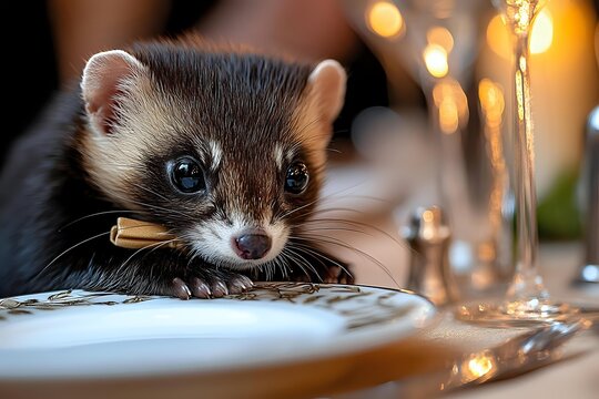 Adorable ferret peeking over elegant dining table with bokeh lights in background, creating whimsical contrast between pet and formal setting.