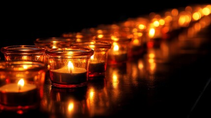 A long row of glowing tea light candles in glass holders creating a warm and serene atmosphere.