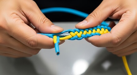Hands weaving a vibrant blue and yellow paracord bracelet design