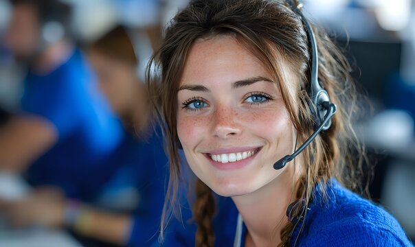 Young Caucasian female customer service representative with headset smiling in call center environment, showcasing friendly professional service.