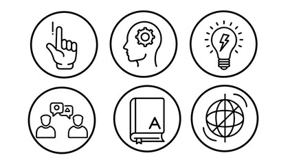  Soft skills concept icon set. Critical thinking creativity communication collaboration. Education learning teamwork innovation training. Black outline  on transparent background