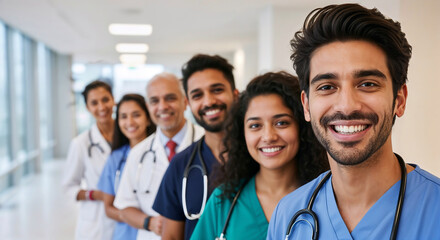 Diverse medical team smiling confidently in modern hospital corridor