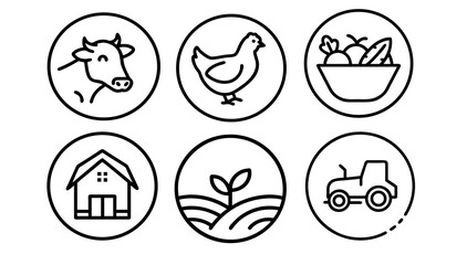 Agriculture line icons concept. Linear farm symbols countryside emblems drawing. Farming livestock vegetables building field equipment. Black outline  illustration transparent background