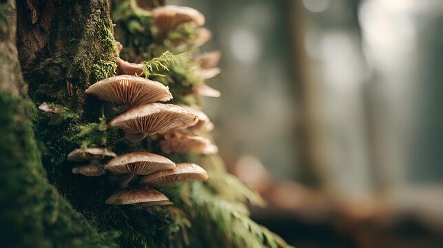 Wild mushrooms growing on mossy tree trunk in forest, natural ecosystem with fungi colony in soft focus woodland environment.