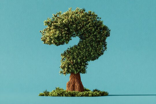 Creative tree sculpture shaped as a question mark against blue background