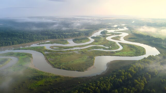 Serene river delta landscape tranquil morning mist expansive view lush vegetation peaceful nature scene