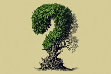 Intricate tree question mark with lush and bare branches on beige background
