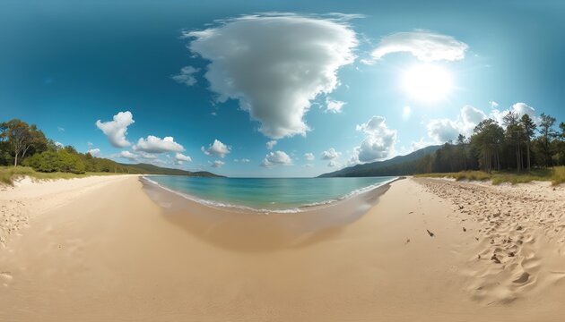 Empty sandy beach meets calm turquoise ocean water under vast blue sky with fluffy clouds. Rich green forest lines distant shore, creating peaceful natural landscape perfect for relaxation and travel.