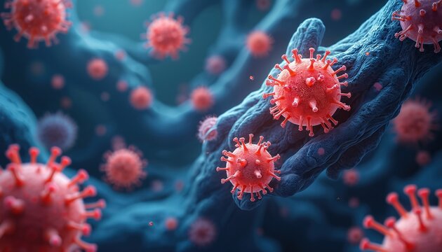 Closeup shows red virus cells over dark blue background. Viral infection spreads. Microscopic view displays pathogen details. Medical illustration used for science topics like microbiology immunology.