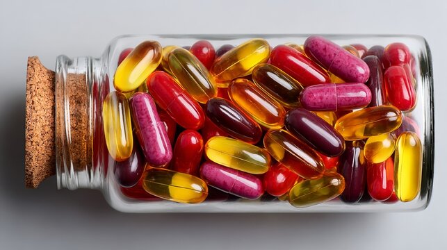 Assorted colorful gel capsules in glass jar with cork lid - Powered by Adobe