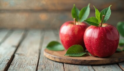 Two fresh red apples with green leaves on rustic wood board. Healthy fruit on old wooden table background. Farm fresh produce for natural organic food. Good for eco diet, wellness, raw food eating.