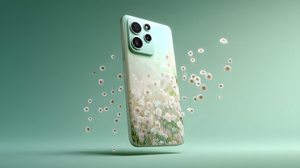 Modern smartphone with a sleek design being splashed with water droplets and bubbles against a gradient green background showcasing its water resistance and advanced technology