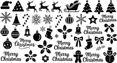 Naklejka premium Christmas vector icon set: decorations, reindeer, snowman, santa, text.