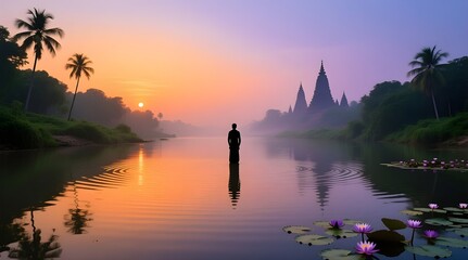 Silhouette of a Person Standing in Water with a Temple and Lotus at Sunset for Spiritual Peace