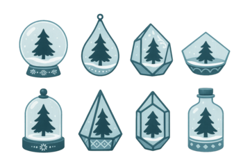 Decorative winter scene designs featuring glass ornaments and snow globes with trees in various shapes and sizes
