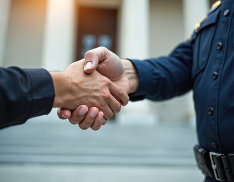 Cop, civilian shake hands. Represents community relations between society, law enforcement. Hands symbolize agreements, support, trust, interaction, safety, partnerships with citizen. Law progress